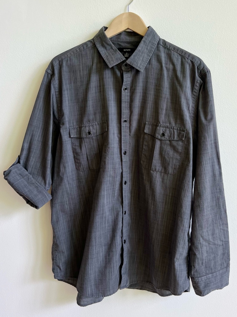 Alfani Charcoal Button Down Shirt Long Sleeve Roll-Tab Utility Casual Men’s XL